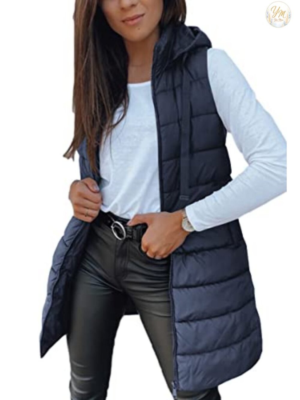 Women Long Sleeveless Hooded Puffer Vest Winter Outwear